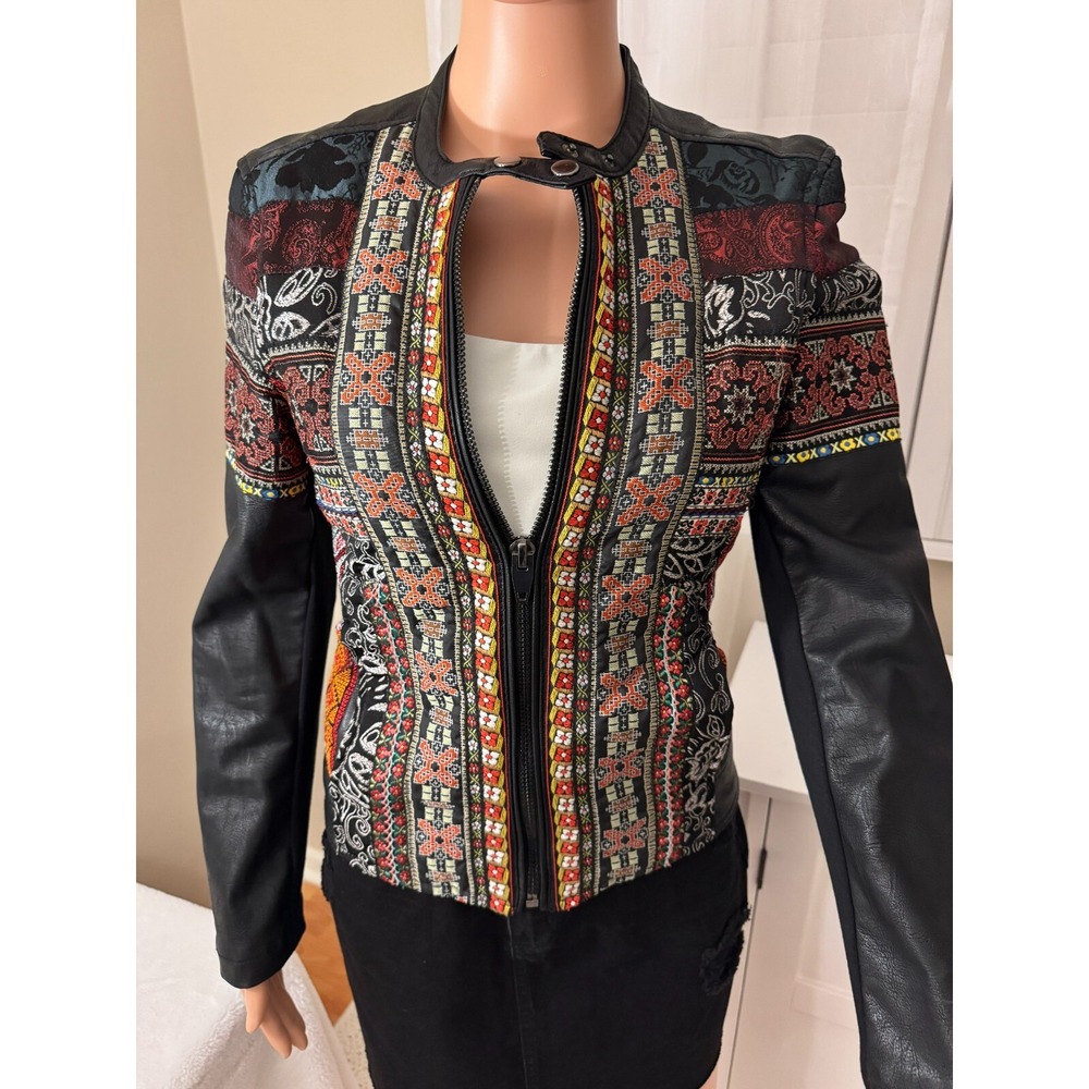 C&V Chelsea & Violet Zip-Front Faux Leather Southwester Embroidered S Jacket